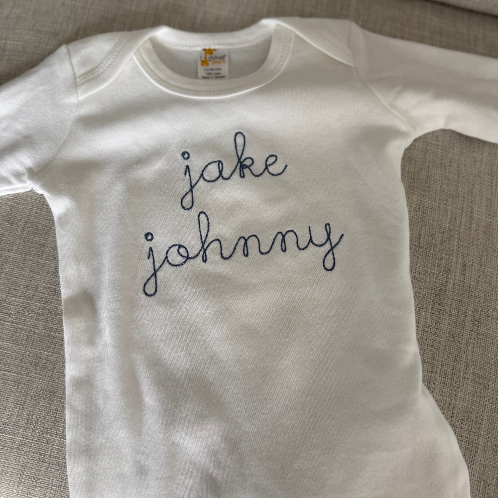 NEW Personalized White & Blue Baby Embroidered One Piece 0-3M "Jake Johnny"